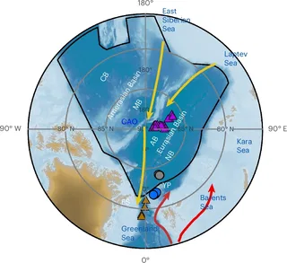 Área de estudio de la Expedición Mosaic. El mapa muestra el carbono orgánico disuelto procedente de tierra firme en el océano Ártico. © 2025 by Nature Geoscience.
