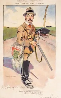 Puccini cazador, en "Caras y caretas" (1 de julio de 1905)