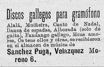 Anúncio de discos com música galega em 1905