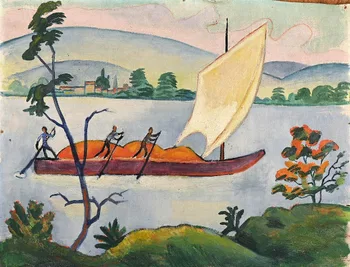 August Macke, 'Paisaje fluvial con niños navegando', 1910