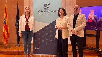 Andrea Rodriguez, Teresa Ladrero y Enrique Azurza en la presentación del Certamen Coral Ejea 2026